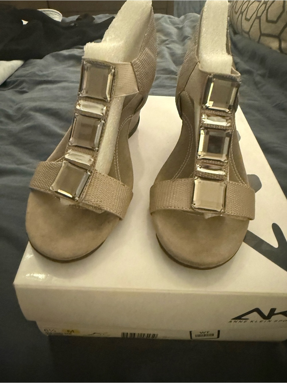 Anne Klein Beige Embellished T-Strap Wedge Sandals - Women, Size 6.5